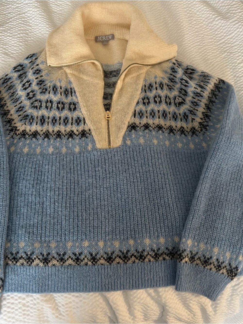 J.Crew Fair Isle Half-Zip Sweater in Brushed Yarn Blue Cream SizeXL